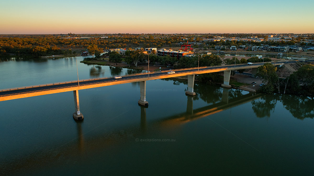 stock photo, aerial George Chaffy Bridge, Mildura, with last sun on it.